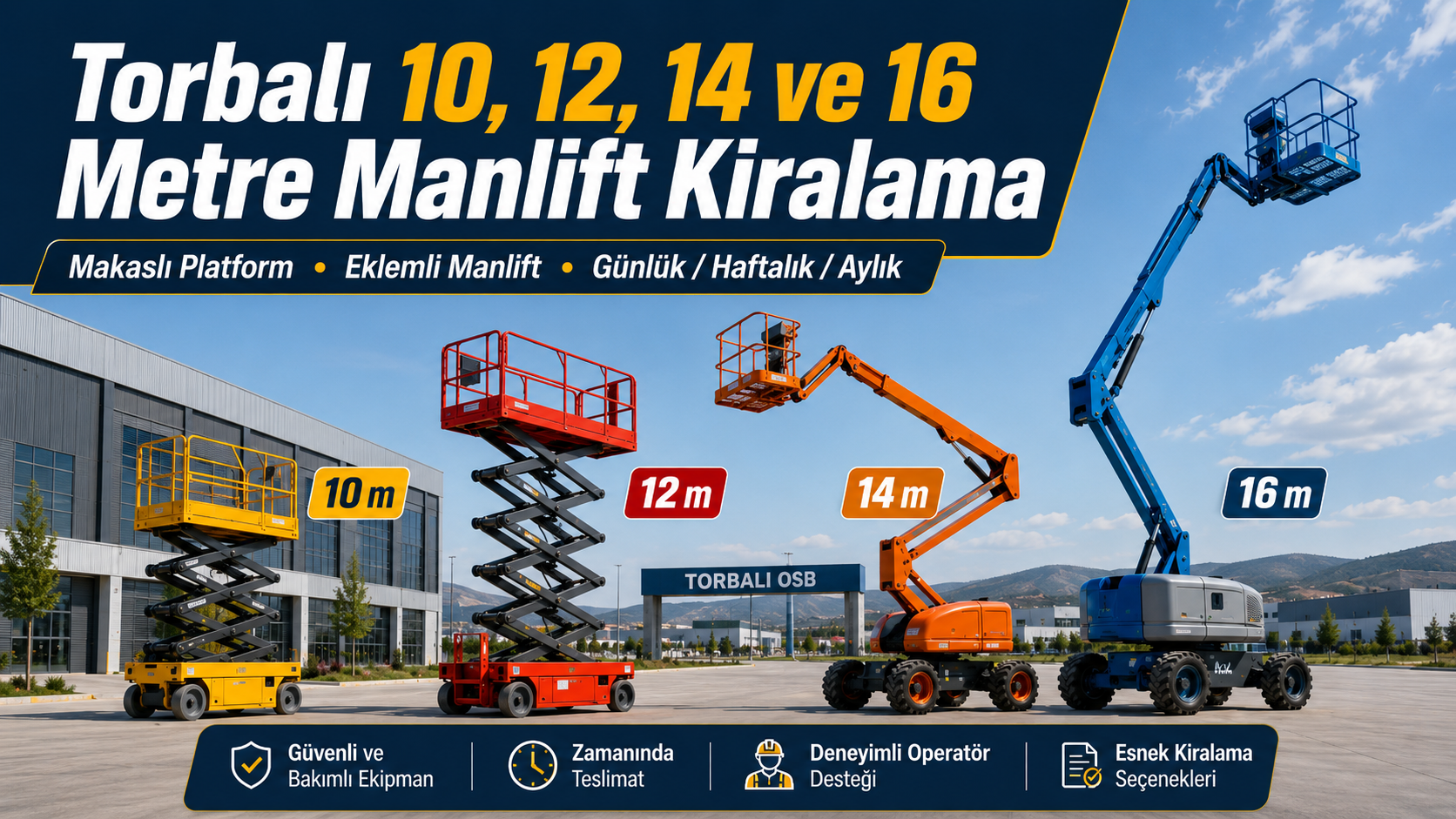 Torbalı 10, 12, 14 ve 16 metre manlift kiralama için makaslı platform ve eklemli manlift seçenekleri