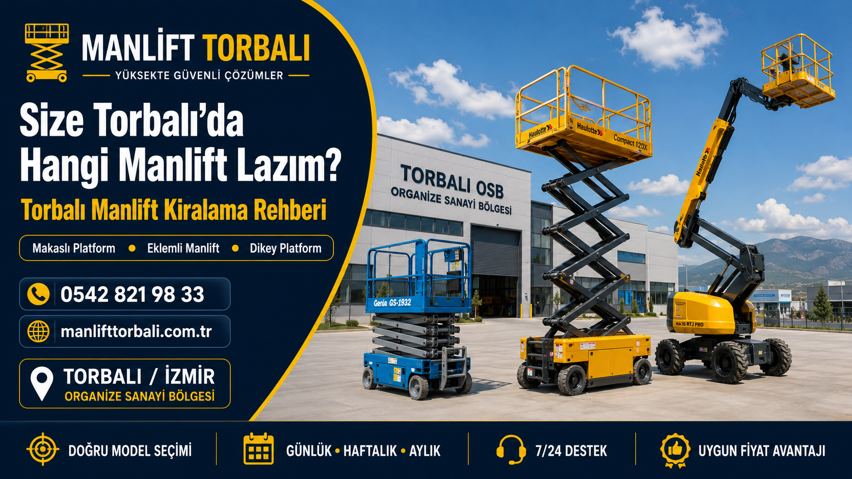 Torbalı manlift kiralama rehberi için makaslı platform, eklemli manlift ve dikey platform seçenekleri